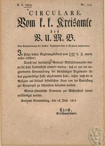 Circulare. Vom k.k. Kreisamte des B. U. M. B. Kreisamt Kornneuburg, den 18. July