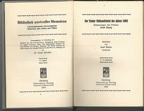 Tiroler Volksaufstand des Jahres 1809. Erinnerungen des Priesters Josef Daney. B