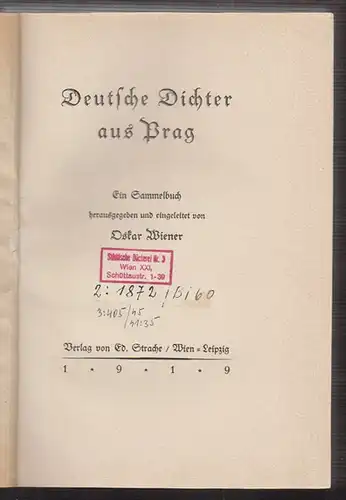 Deutsche Dichter aus Prag. Ein Sammelbuch. WIENER, Oskar (Hrsg.).