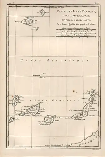 Carte des Isles Canaries, avec l`Isle de Madere, et Celle de Porto Santo. BONNE,