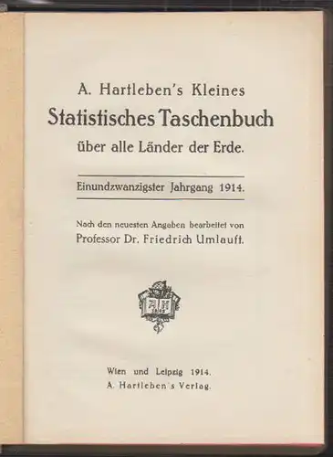 Kleines Statistisches Taschenbuch über alle Länder der Erde. HARTLEBEN,  1027-01