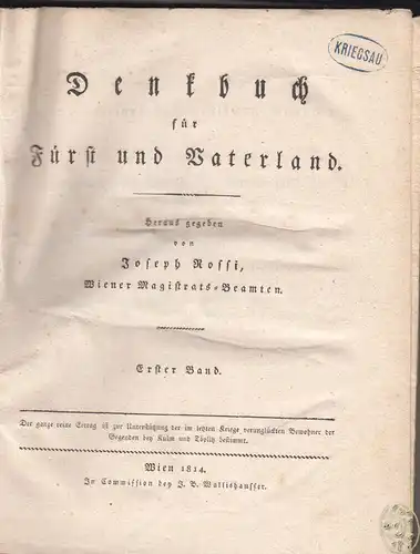 Denkbuch für Fürst und Vaterland. ROSSI, Joseph (Hrsg.).