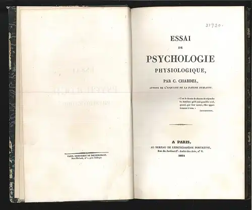 Essai de Psychologie Physiologique. CHARDEL, C[asimir Marie Marcellin Pierre Cél