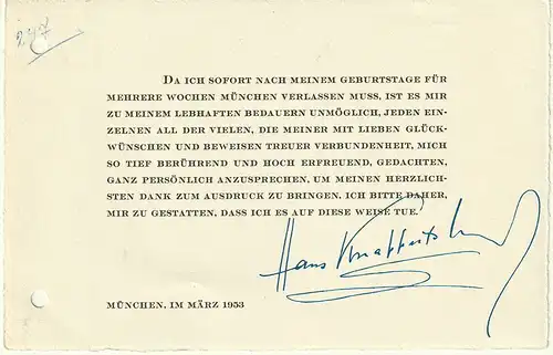 Gedruckte Dankeskarte mit eigenhänd. Unterschrift. KNAPPERTSBUSCH, Hans, Dirigen