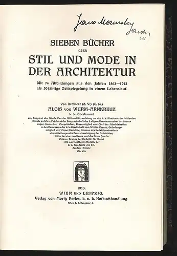 Sieben Bücher über Stil und Mode in der Architektur. WURM-ARNKREUZ, Alois von.