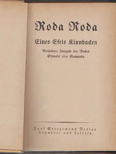 Eines Esels Kinnbacken. Veränderte Ausgabe des Buches Schwefel über Gomorrha. RO