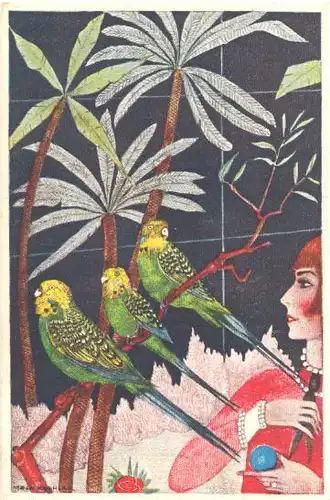 [Sittiche und rote Frau/Parakeet and Deco woman]. B. K. W. I. 477-3 KOEHLER, Mel