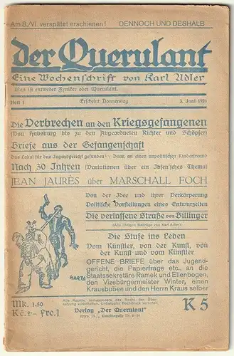 Der Querulant. Eine Wochenschrift von Karl Adler. ADLER, Karl