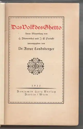 LANDSBERGER, Das Volk des Ghetto. Unter... 1921