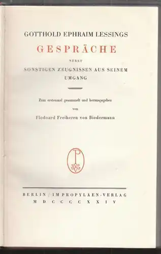 LESSING, Gotthold Ephraim Lessings Gespräche... 1924