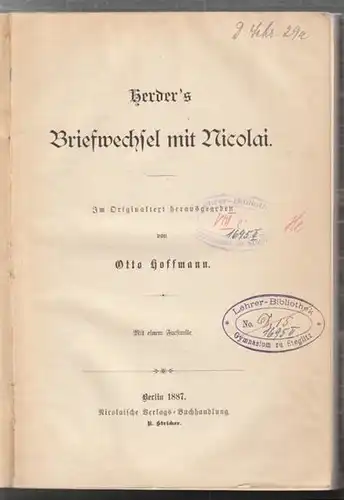HERDER, Briefwechsel mit Nicolai. Im... 1887