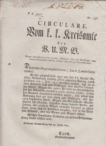 Circulare. Vom k. k. Kreisamte des B.U.M.B.... 1804 0056-11