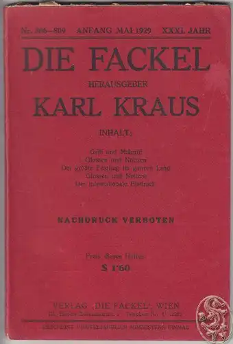 DIE FACKEL. Hrsg. Karl Kraus. 1929