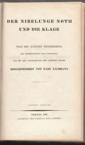 LACHMANN, Der Nibelunge Noth und die Klage.... 1841
