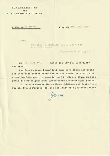 2 Ms. Amtsbriefe mit eigenhänd. Unterschrift und Wappenstempel der Stadt Wien. J