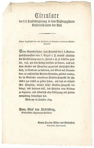 SCHULWESEN. Konvolut von 17 das Schulwesen betreffenden Circularen, Kundmachunge