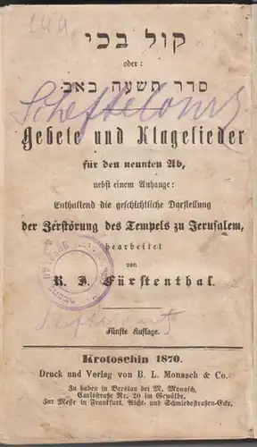 FÜRSTENTHAL, Gebete und Klagelieder für den... 1870