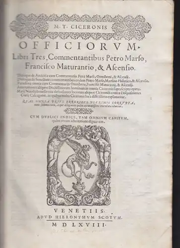 CICERO, Officiorum. Libri Tres, Commentantibus... 1568