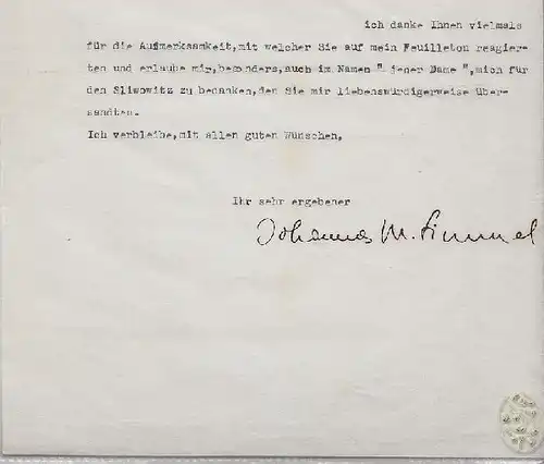 SIMMEL, Brieftyposkript mit eh. U. 1949