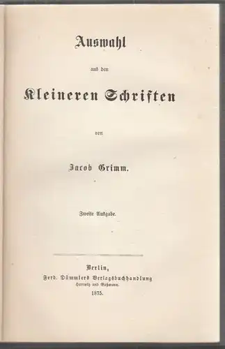 GRIMM, Auswahl aus den kleineren Schriften. 1875