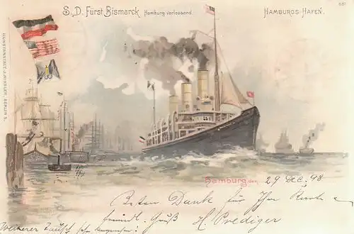 S. D. Fürst Bismarck Hamburg verlassend.... 1890