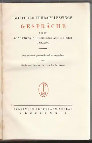 BIEDERMANN, Gotthold Ephraim Lessings Gespräche... 1924