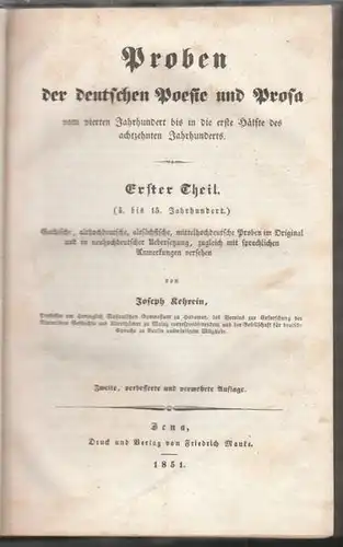 KEHREIN, Proben der deutschen Posie und Prosa... 1850
