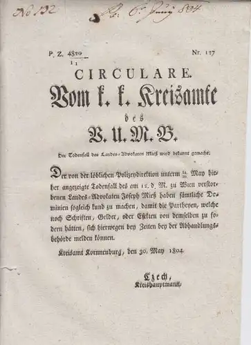 Circulare. Vom k. k. Kreisamte des B.U.M.B. Der... 1804