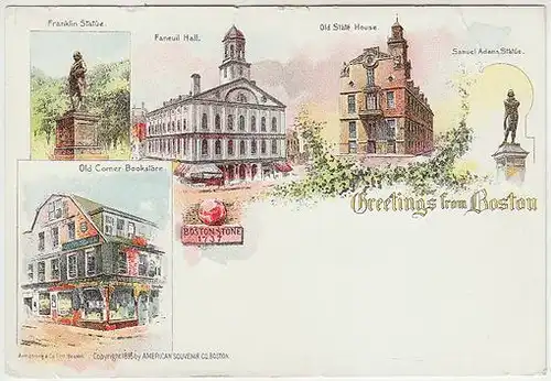 Greetings from Boston. Franklin Statue. Faneuil Hall. Old State House. Samuel Ad