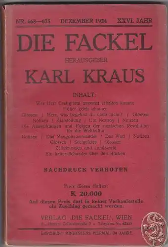 DIE FACKEL. Hrsg. Karl Kraus. 1924