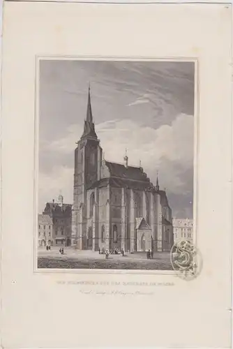 Die Stadtkirche und das Rathhaus in Pilsen. 1842