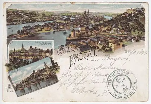 Gruss aus Passau. Ansicht von der Donaubrücke.... 1890