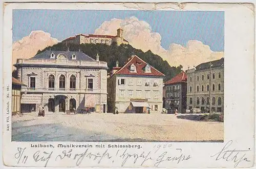 Laibach, Musikverein  mit Schlossberg. 1900