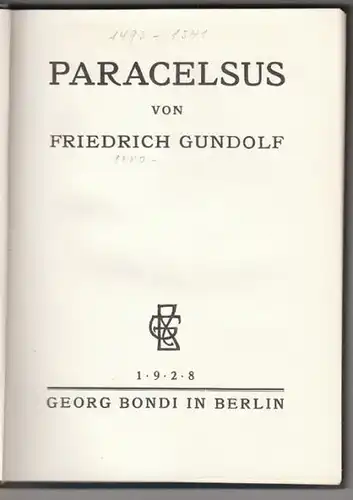GUNDOLF, Paracelsus. 1928