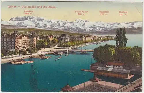 Zürich - Quaibrücke und die Alpen. Glärnis 2910 m. Böser Faulen 2804 m. Hausstoc