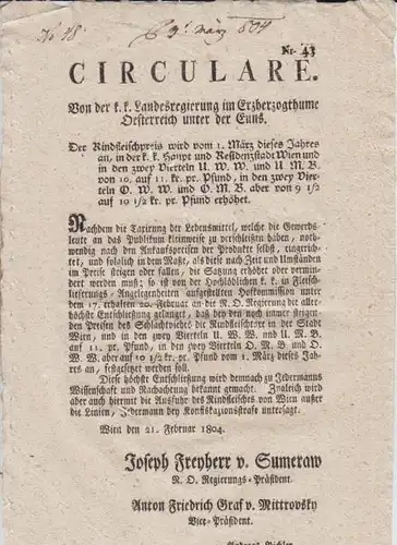 Circulare. Von der k. k. Landesregierung im... 1804