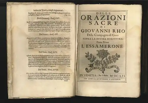 Delle Orazioni sacre [...] Sopra la divina scrittura. L` Essamerone. RHO, Giovan
