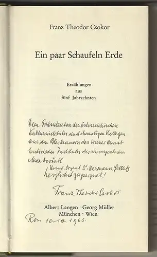 Ein paar Schaufeln Erde. Erzählungen aus fünf Jahrzehnten. CSOKOR, Franz Theodor