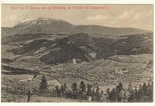 Blick von St. Corona aus auf den Kirchberg am Wechsel und Schneeberg.