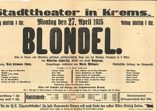 Stadttheater in Krems. Blondel. Eine in Reime und Melodien gekleidete altösterre