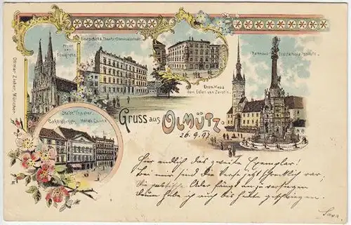 Gruss aus Olmütz. Front der Domkirche. Deutsche... 1890