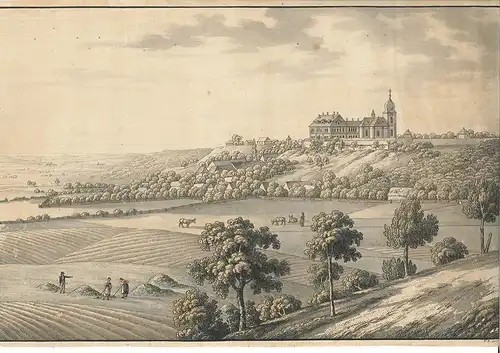 [Ansicht einer hügeligen Landschaft mit Schlosskomplex und Kirche].