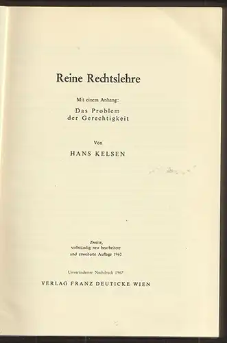 Reine Rechtslehre. Mit einem Anhang: Das Problem der Gerechtigkeit. KELSEN, Hans