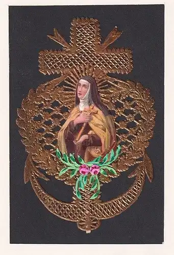 Chromolithographische Applikation auf goldfarbener Stanzspitze, teils mit Gouach