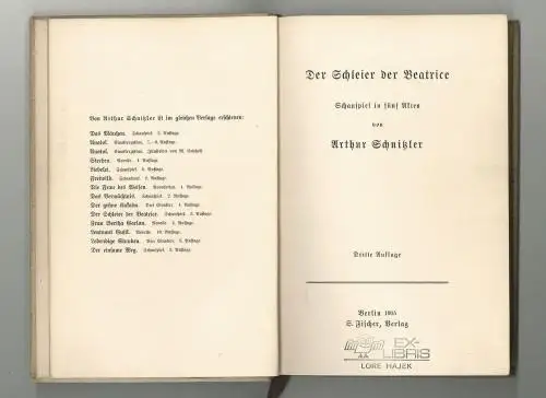 Der Schleier der Beatrice. Schauspiel in fünf Akten. SCHNITZLER, Arthur.