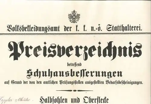 Preisverzeichnis betreffend Schuhausbesserungen auf Grund der von den amtlichen 