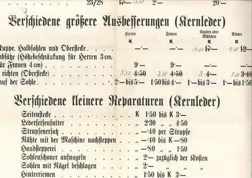 Preisverzeichnis betreffend Schuhausbesserungen auf Grund der von den amtlichen 