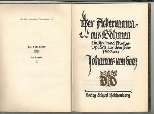 Der Ackermann aus Böhmen. Ein Streit- und Trostgespräch aus dem Jahr 1400. SAAZ,