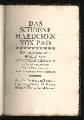 Das schoene Maedchen von Pao. Ein chinesischer Roman. BIERBAUM, Julius.