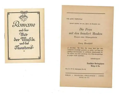 Die Frau mit den hundert Masken. Roman einer Schauspielerin. HIRSCHFELD, Georg.